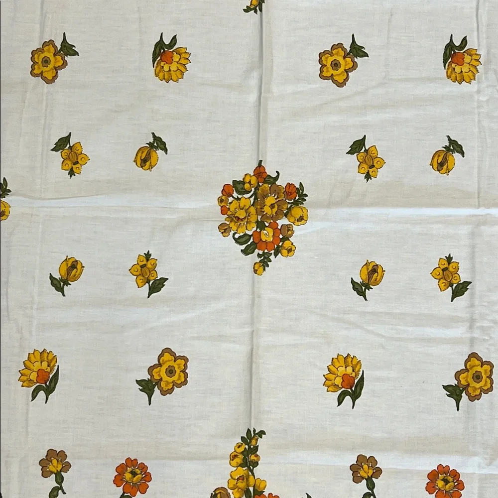 Vintage floral 52”X 48” squareish tablecloth yellow & oranges cotton Handmade